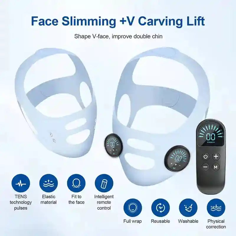 Light blue silicone V-line facial lifting straps with detachable black EMS control pods and a handheld remote.