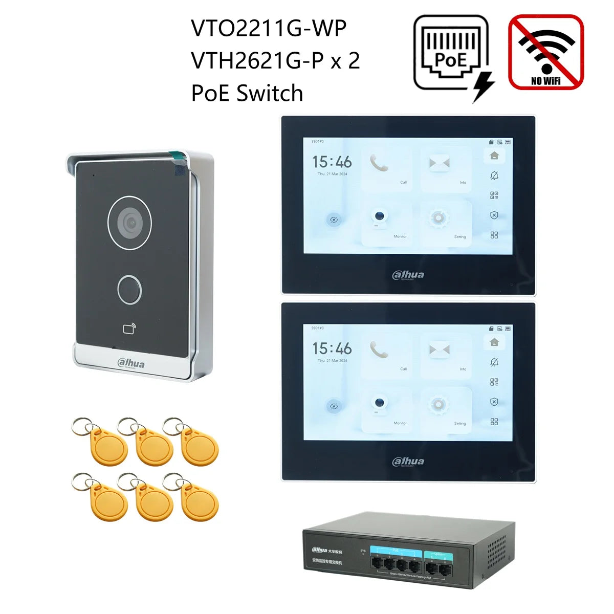 Video intercom kit with gray door station, two indoor monitors, PoE switch, and RFID tags