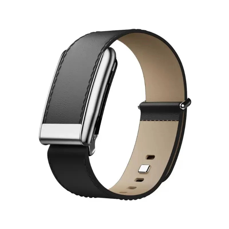 Compatible with Whoop 5.0 Fitness Tracker, featuring a top-layer cowhide leather buckle strap with a bright silver metal U-shape