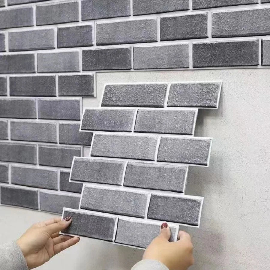 Peel-and-stick brick-style backsplash tiles, dark gray slate look squares