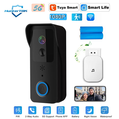 Black smart doorbell camera with blue ring light and lens window, compact wall mount design