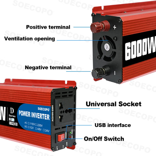 Red 6000W power inverter with labeled ports, universal socket, USB interface, cooling fan, and DC terminals.