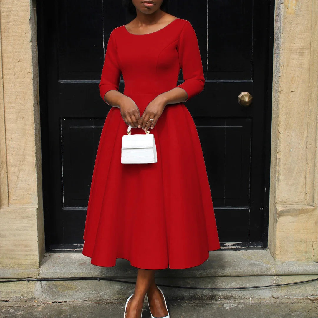 Elegant Pure Color Maxi Dress Evening Gown A- Line Skirt Polyester Fabric round Neck Short Sleeve High Waist Midi Dress