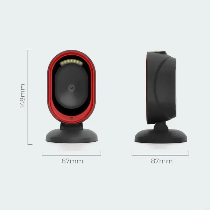 Red-trim desktop barcode scanner shown from front and side with size dimensions