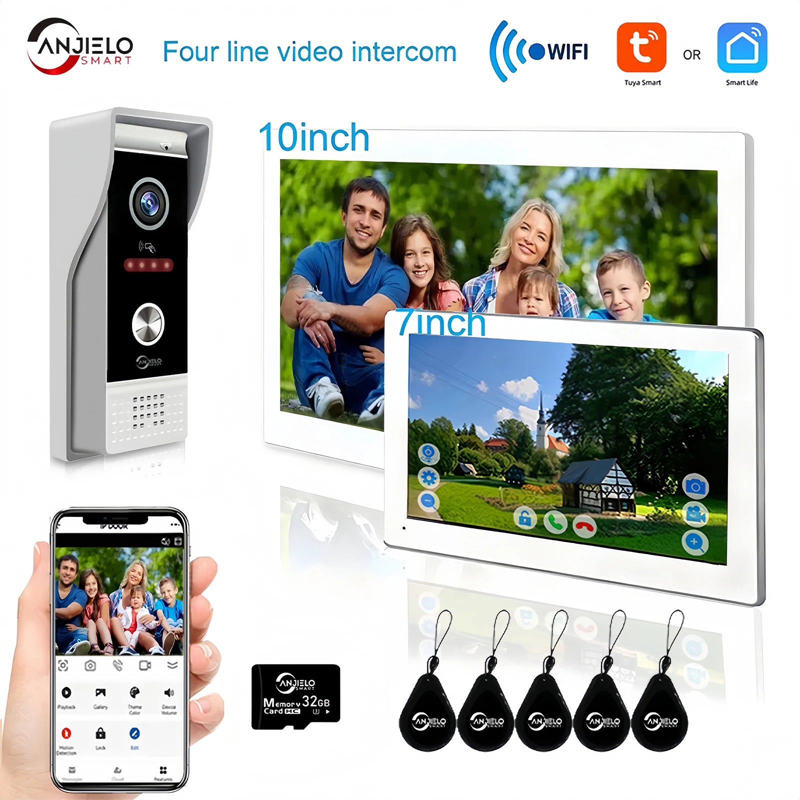 NEW TUYA 7/10 Inch WiFi 1080P Four Wire System Video Intercom Smart Home APP Wireless Video DoorPhone RFID Access Control System