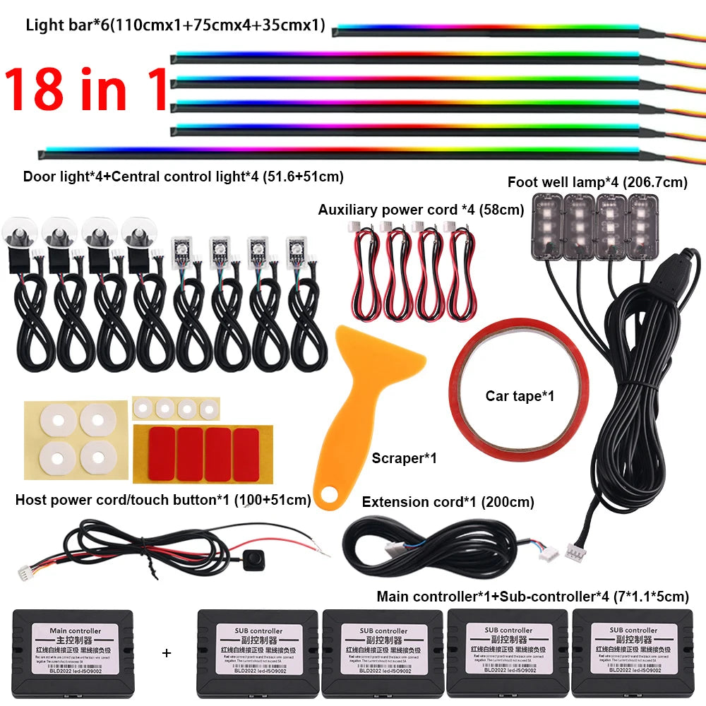 RGB LED Interior Car Strip Lights with App Control and Sync 18 in 1 Full Color Tidesmit