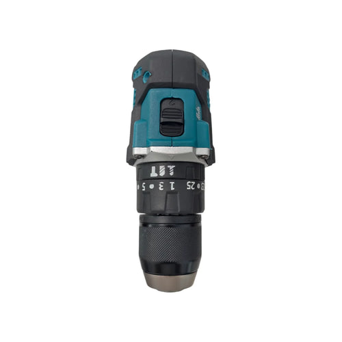 Cordless drill driver front view with black 13mm keyless chuck and metal nose