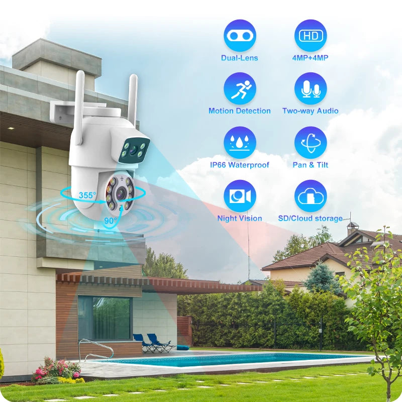 8MP 4K Dual Lens with Dual Screen PTZ Wifi Camera Ai Human Detect Auto Tracking Wireless Outdoor Surveillance Camera iCSee App