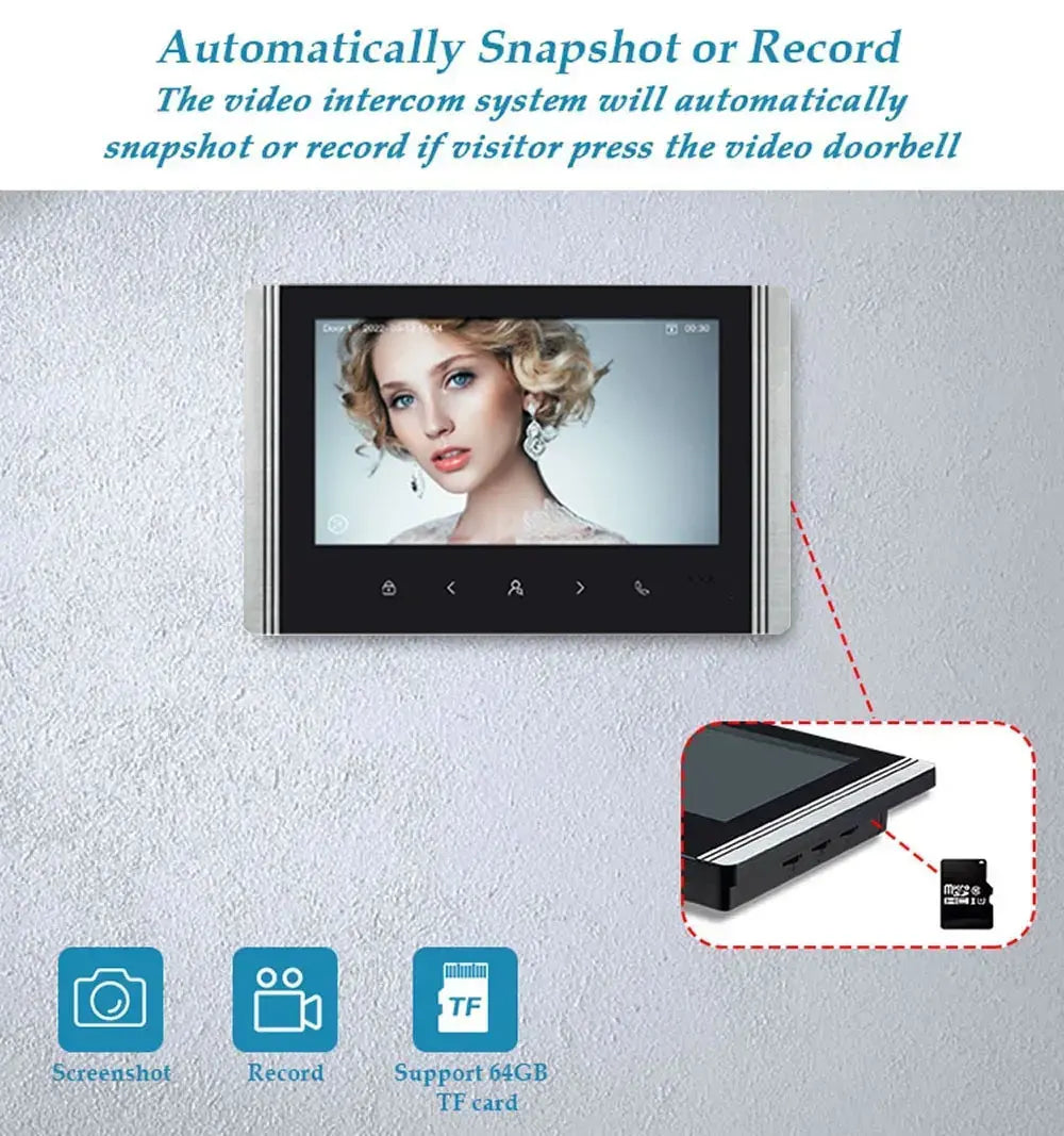 7 Inch LCD Video Doorphone Intercom Wide Angle Waterproof 1080P Camera Doorbell System for 2/3/4 Apartment Family Access Control