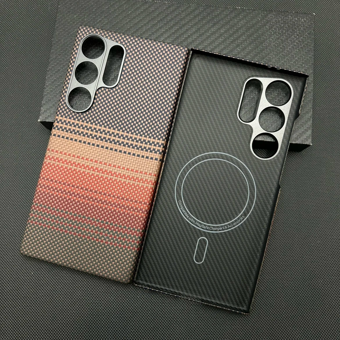 Two carbon fiber phone cases for Galaxy S24 Ultra. One features a red-orange gradient; one is black with a MagSafe ring.
