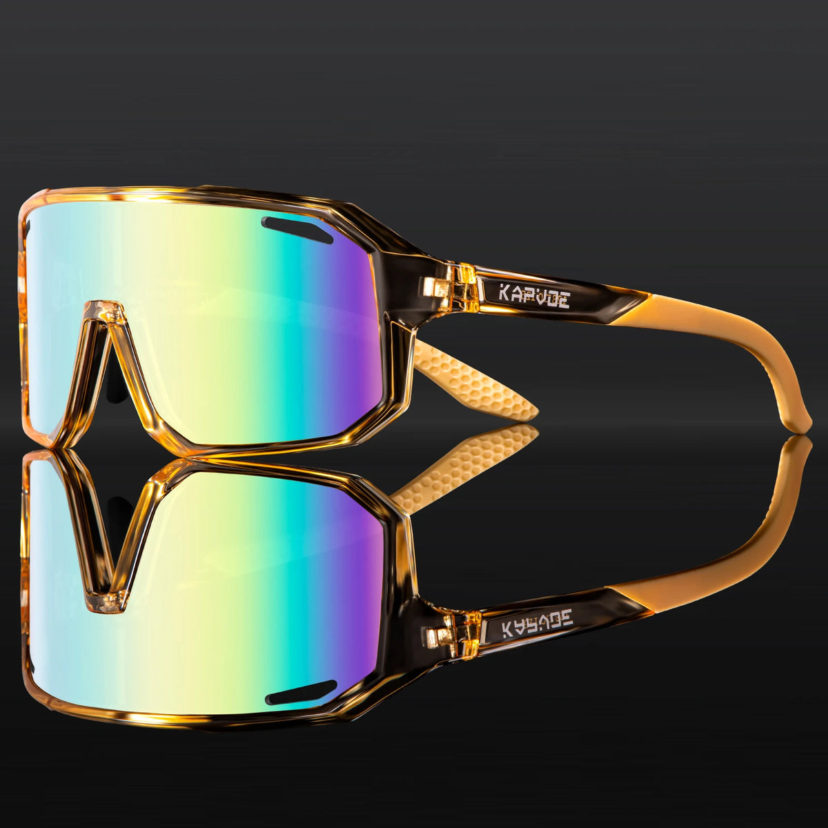 Kids polarized sport sunglasses with gold frame and rainbow mirrored lenses.