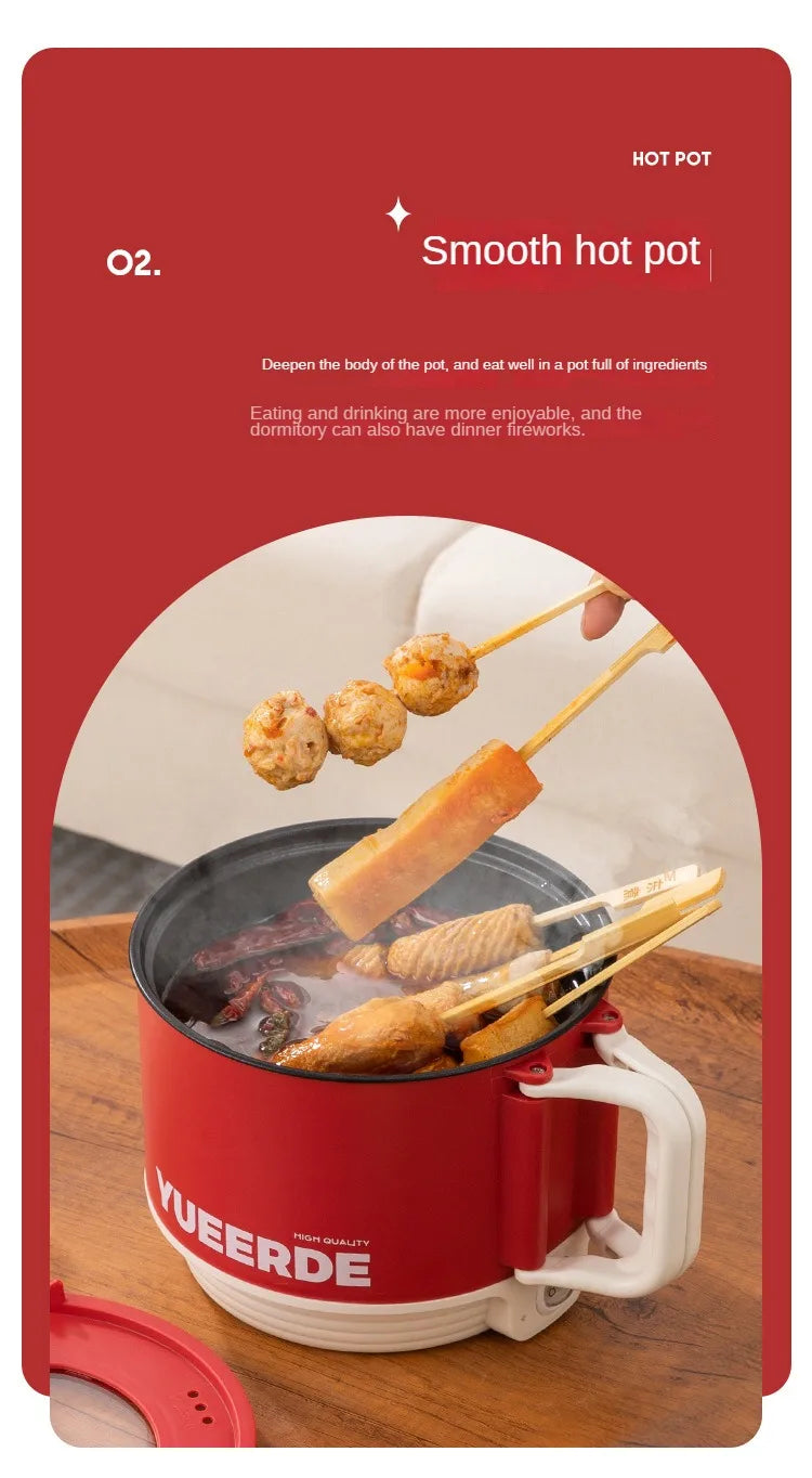 Red YUEERDE electric hot pot with grilled skewers cooking in the nonstick interior