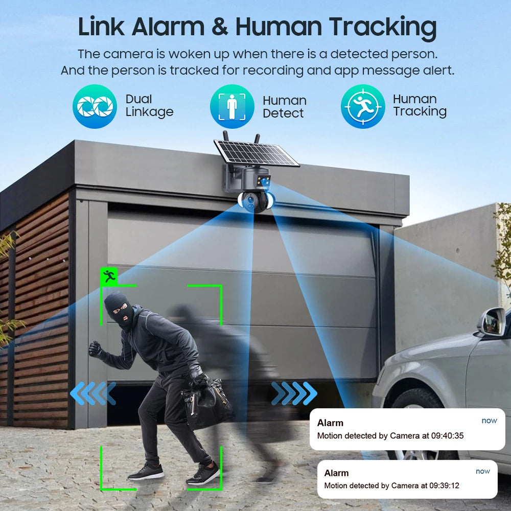 Solar security camera mounted on a wall with dual lenses and solar panel