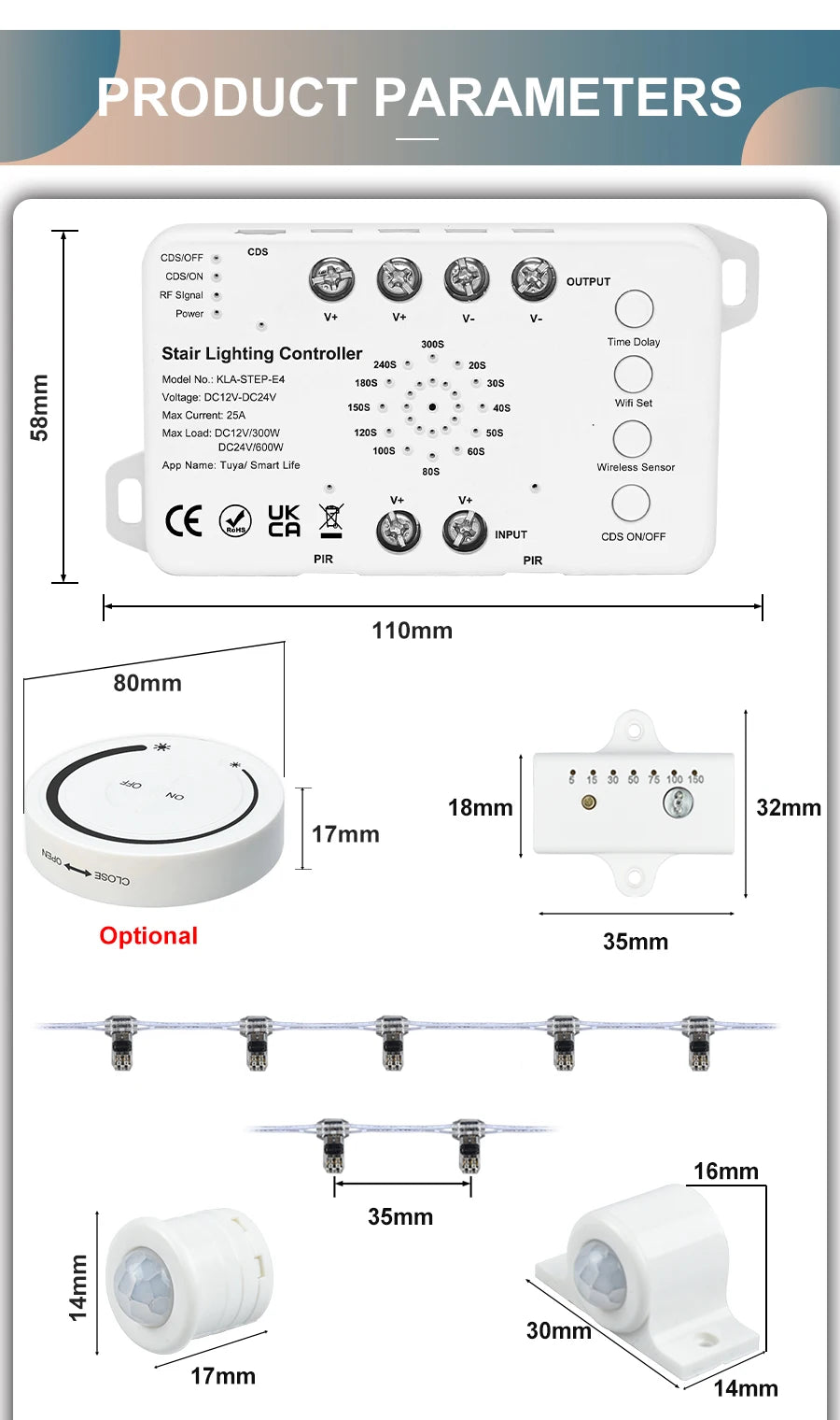 5-30 Steps New Tuya Wifi Staircase Light Kit Motion Sensor Wall Switch Remote APP Control Stair LED Strip Full Set STEP-E4