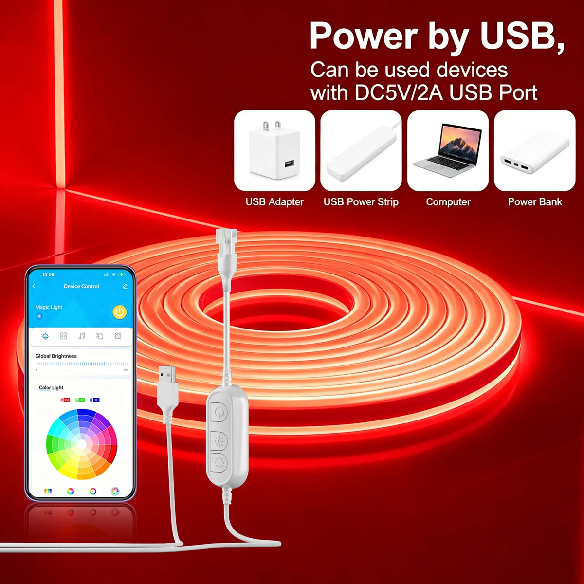 USB-powered RGB neon light rope with adapter, power strip, and smartphone color app