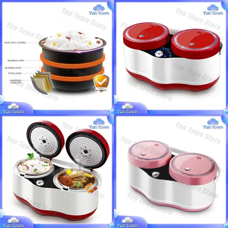 Red electric double-tube rice cooker with two hinged lids and white base