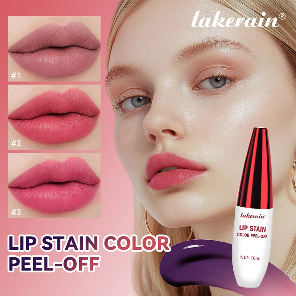 Lakerain peel-off lip stain with matte mist finish, long-lasting waterproof formula, and assorted natural lip shades.
