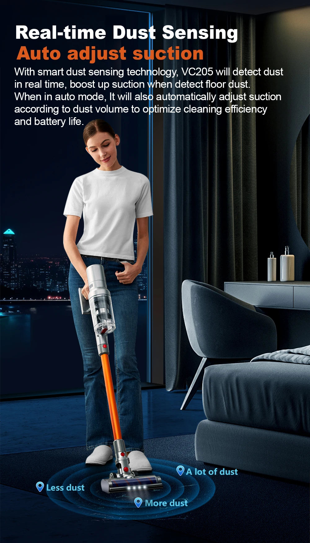 Tidesmit ABIR VC205 cordless vacuum with smart dust sensor, touch screen, and 27000PA suction for deep cleaning.