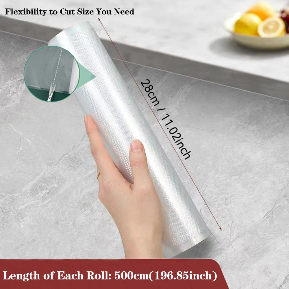 Vacuum sealer roll bag showing 28cm width and 500cm total roll length