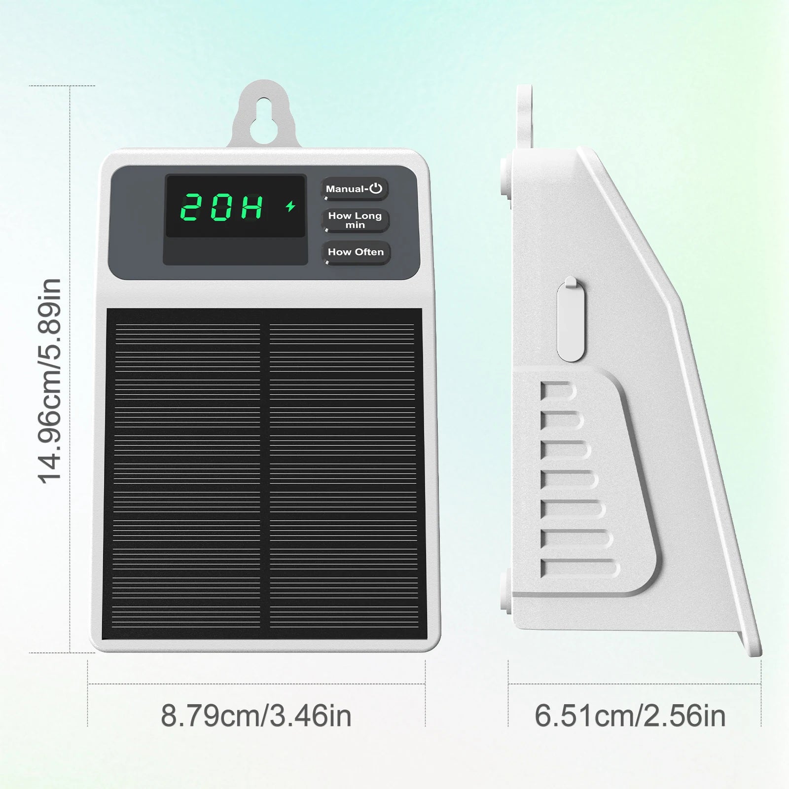 Solar watering controller solar panel unit, front display and side view with mounting hook