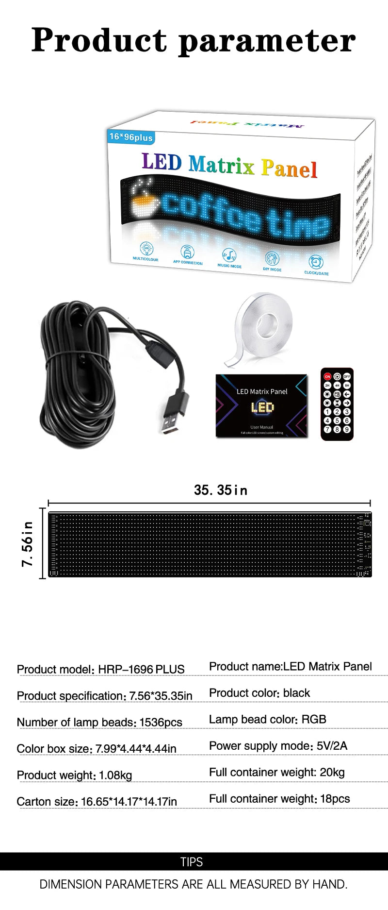 Smart LED scrolling display screen, supports Bluetooth app control, allows for customization of text, graphics, and animations, is USB-powered for easy installation, and is suitable for digital signage in stores, trucks, food