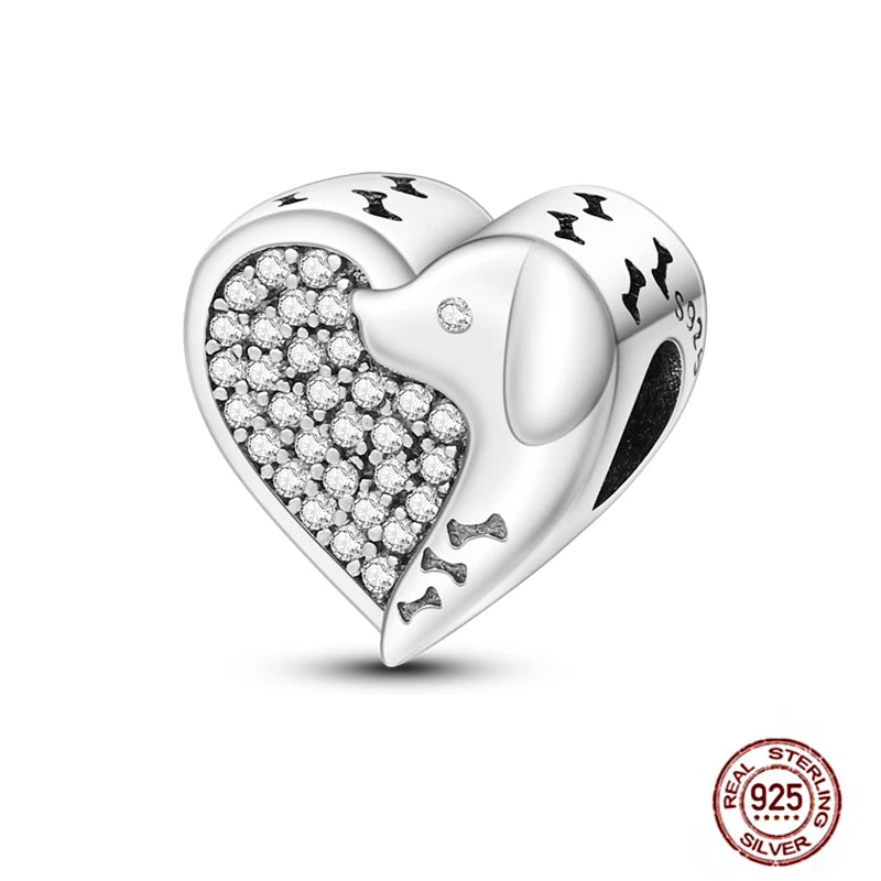 925 sterling silver heart charm with dog design and sparkling cubic zirconia for DIY pet-themed charm bracelets.