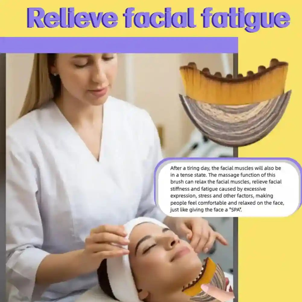 A curved, ergonomic wooden-style facial brush with soft bristles shown in use on a person's jawline for massage.