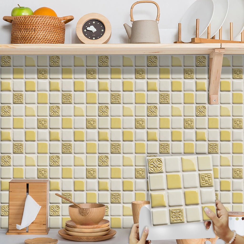 10pcs Flat Mosaic Tiles Sticker Set Kitchen Bathroom Wall Decals Gloss Waterproof Film 2D Surface Cover Transfers for Home Decor