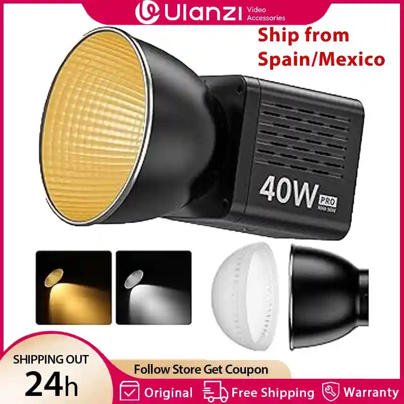 40W LED studio light with a black body, yellow reflector, and white diffuser dome for adjustable video lighting.