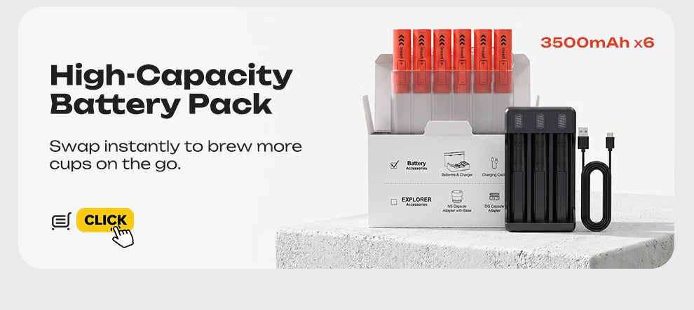High-capacity 3500mAh portable coffee maker battery pack with charger and six red batteries in white packaging box.