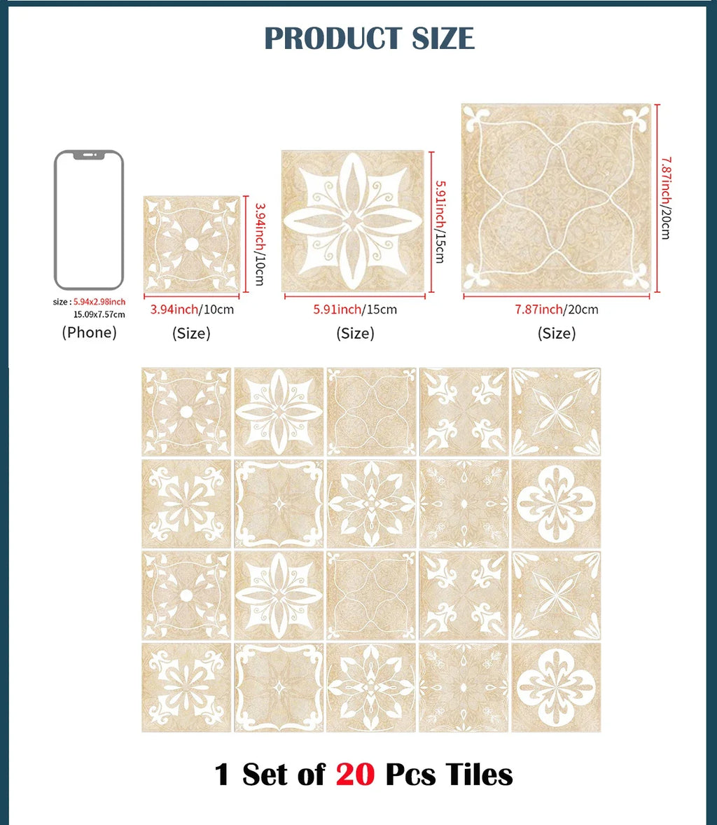 Neutral Boho Floral Tile Stickers Self Adhesive Glossy PVC Waterproof Decals Kitchen Bath Cabinet Backsplash Wall Home Deco