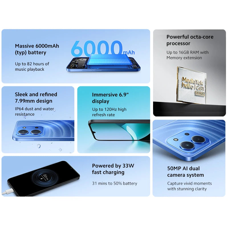 【Brand+】Xiaomi Redmi 15C Global Version 50MP main camera 120Hz 6.9" Dot Drop display 33W charging MediaTek Helio G81-Ultra