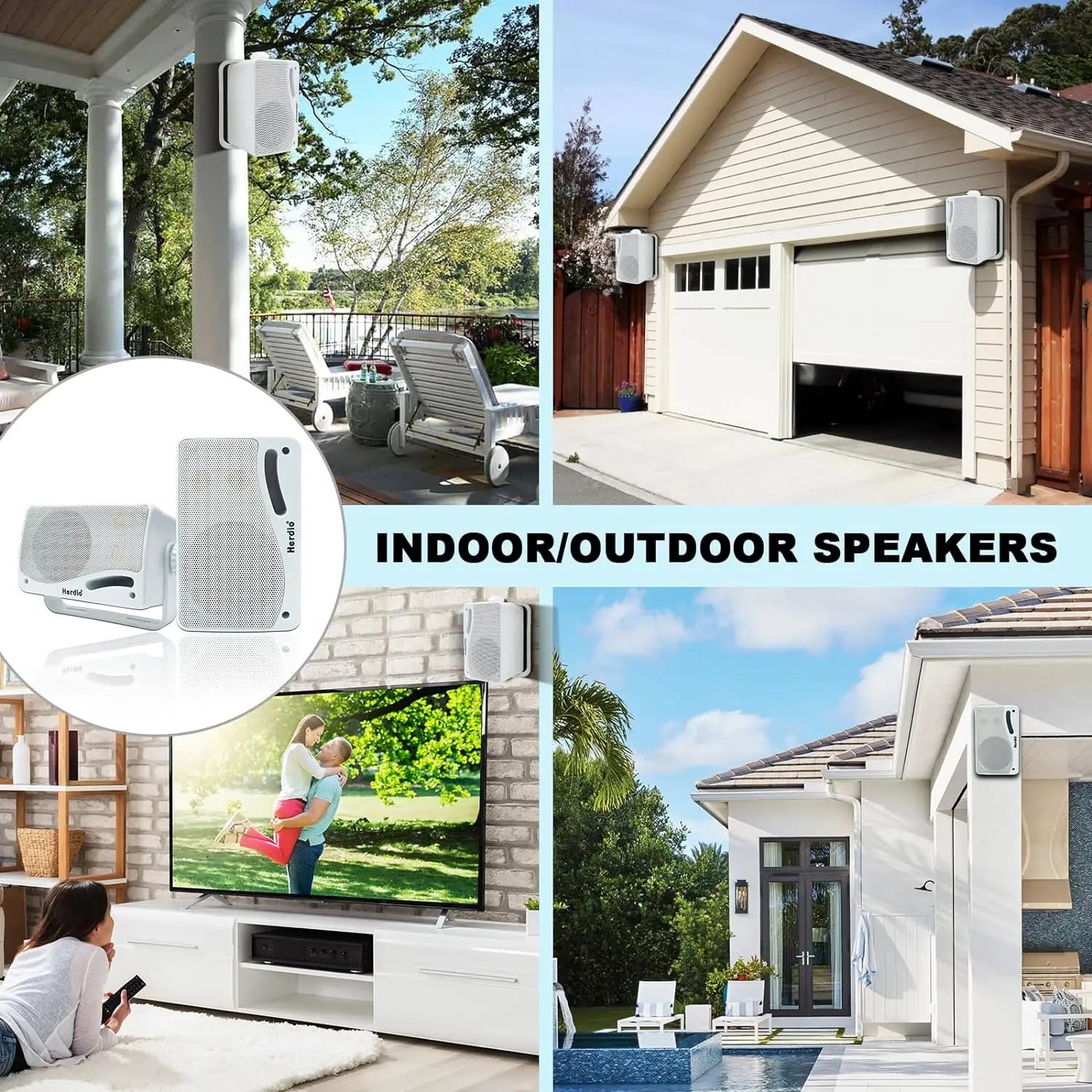 Herdio 3.5inch Outdoor Speaker 200W Waterproof Wall Mount Speakers HiFi Passive Wired 3 Way Premium Mountable Speake Black