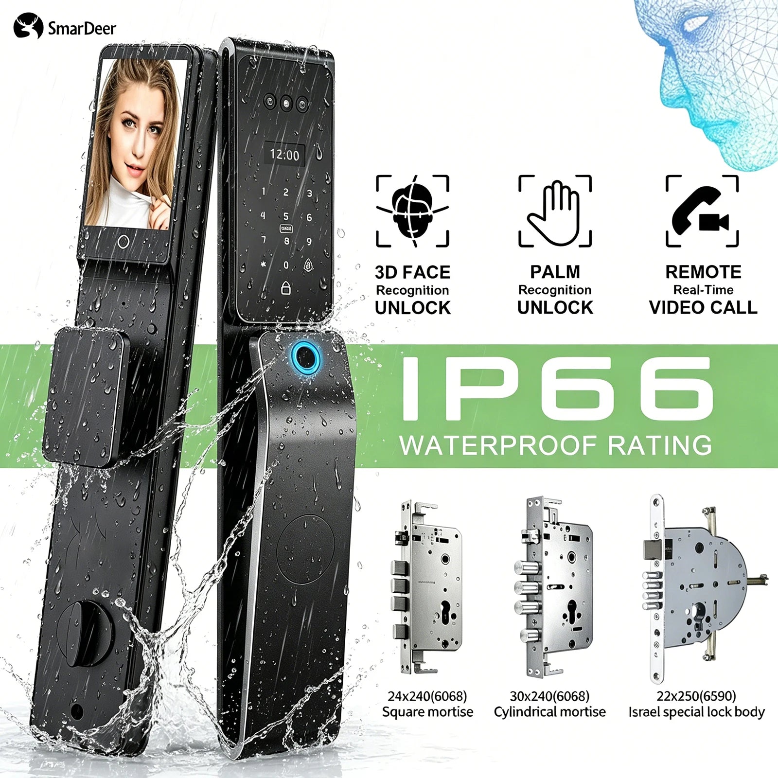 SmarDeer IP66 Outdoor Waterproof Smart Lock,3D Facial & Palm Vein Recognition Lock,Tuya WiFi Keyless Entry Security Lock