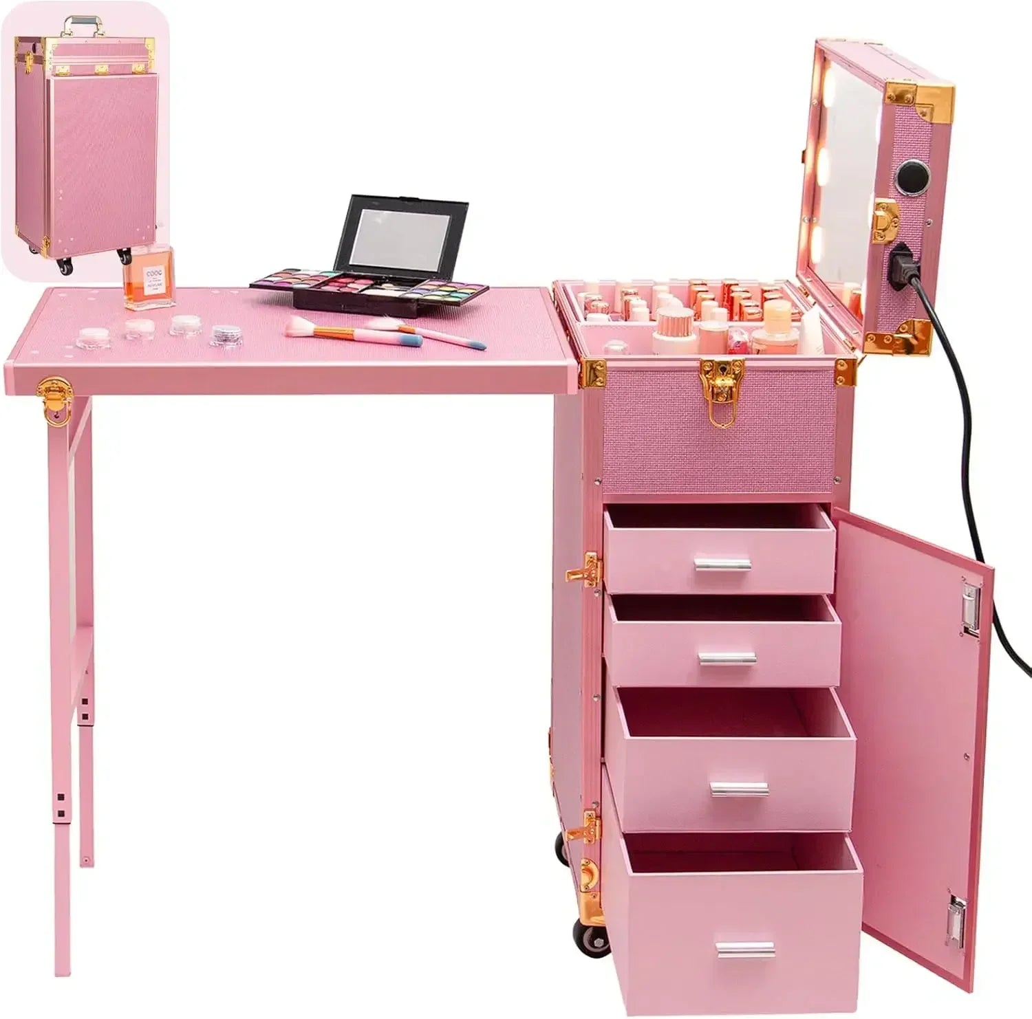 Portable Rolling Manicure Table - Foldable Beauty Cart for Salons Massage Chairs Colorful Pink Tidesmit