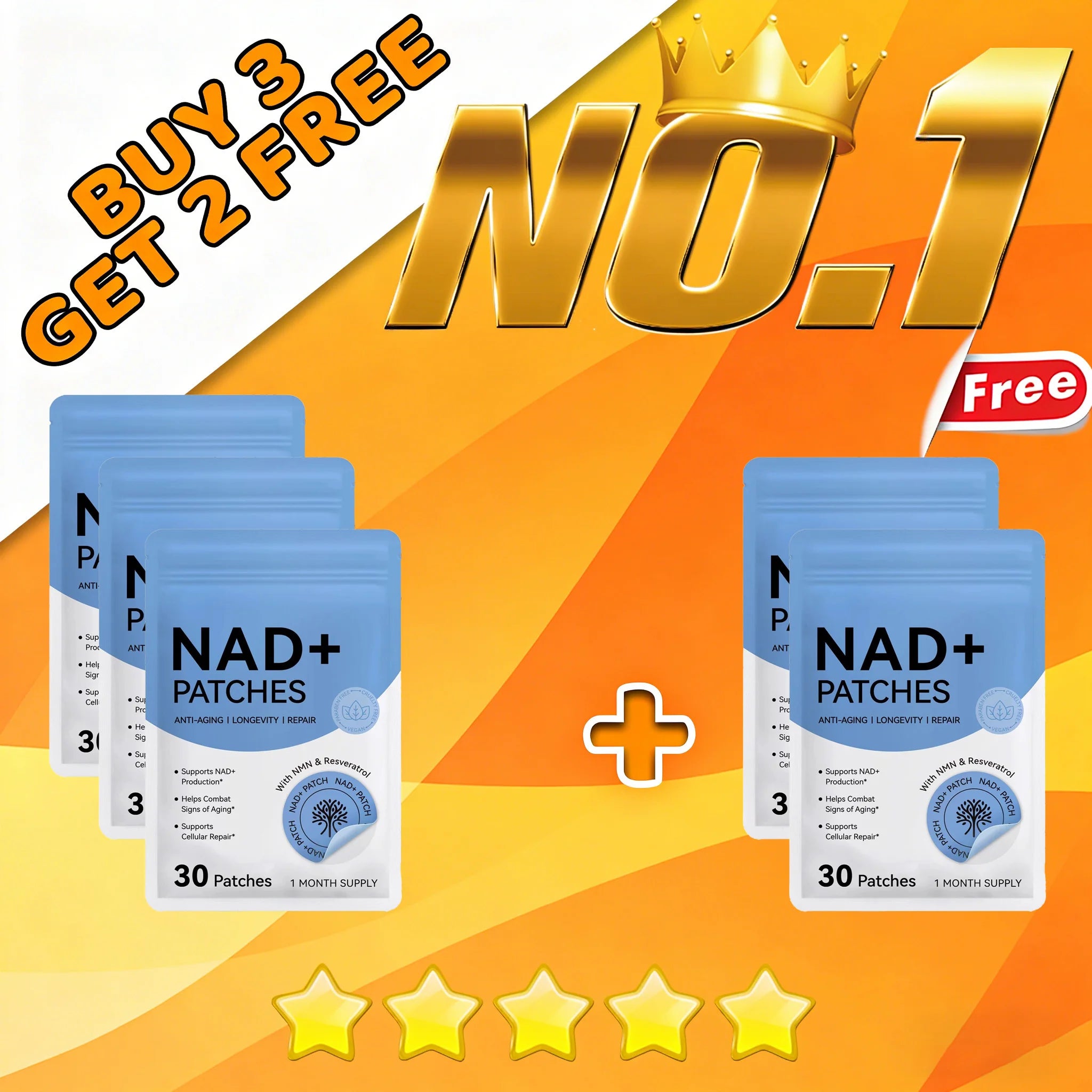 30-count NAD+ weight management patches in blue pouches for anti-aging, longevity, and body care support.