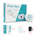 Electric ion detox foot spa machine with control unit, array, and packaging box showing dimensions and therapy benefits.