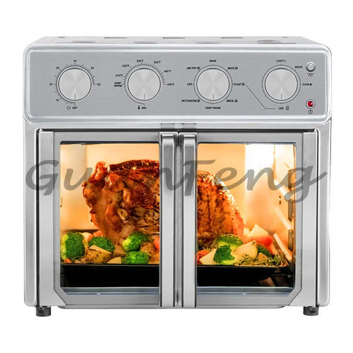 Stainless steel dual-door air fryer oven with four control knobs and viewing windows