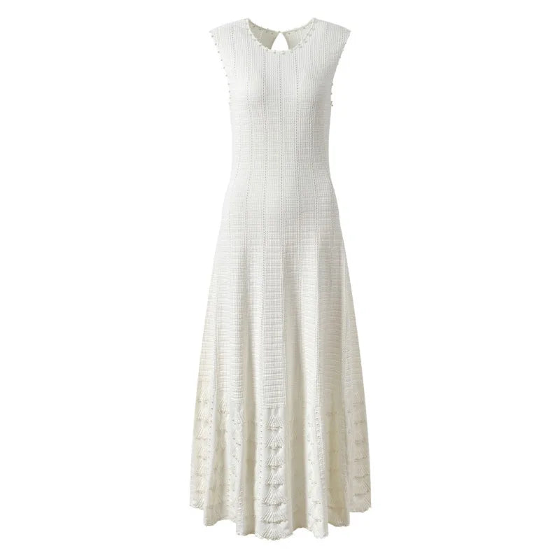 CHUJIE 2025 Summer 3-Piece French Style Set - Knit Maxi Dress + Sleeveless Top + Cover-Up, Pearl & Hollow Out, Viscose+Nylon