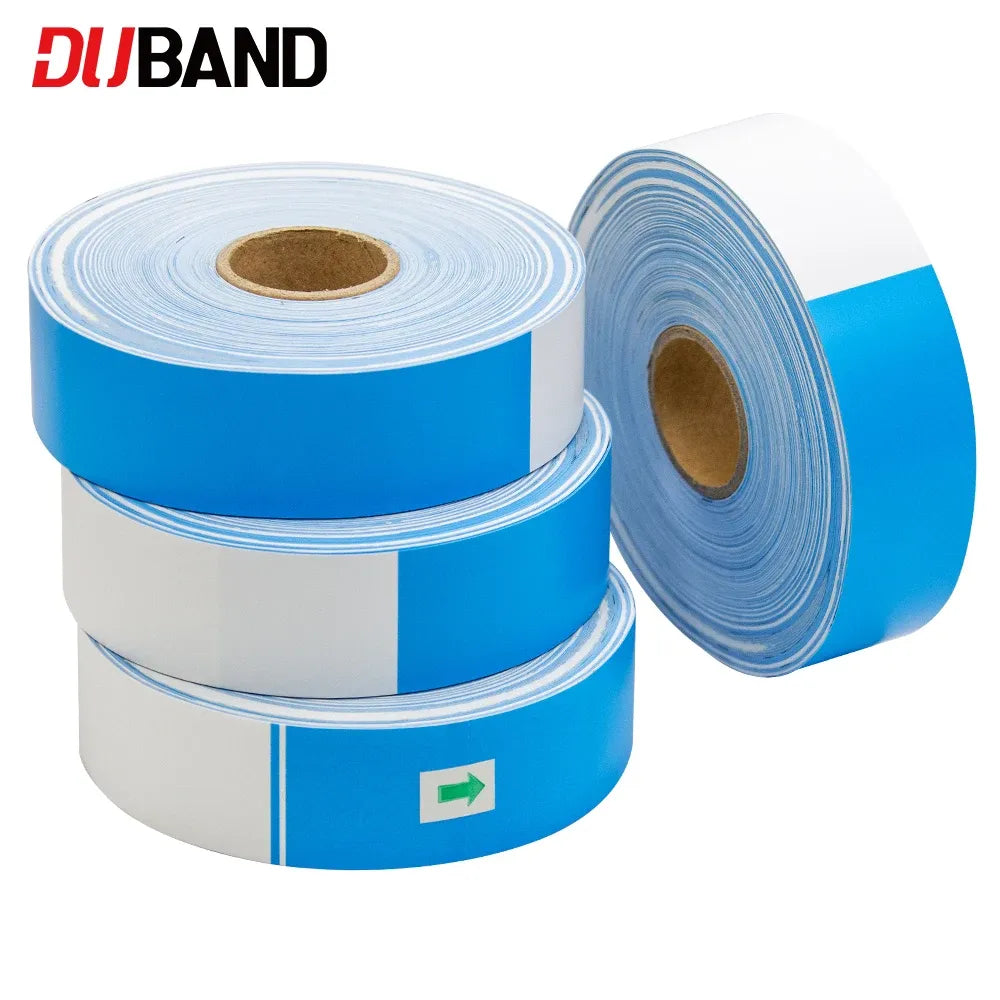 Thermal QR barcode wristband roll, blue adhesive strips with white backing