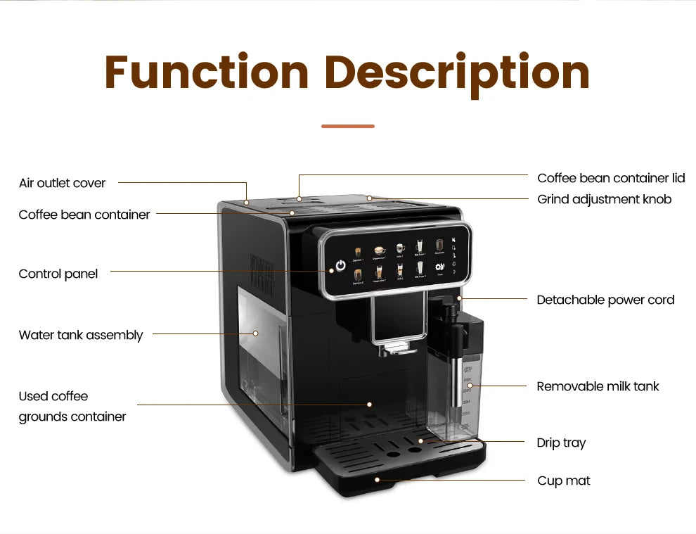 Black automatic espresso coffee machine with touch control panel, bean hopper, and removable milk tank.