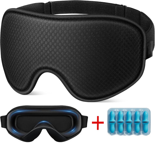 Sleep mask and weighted sleep mask set with 3D blackout breathable adjustable design and included earplugs.