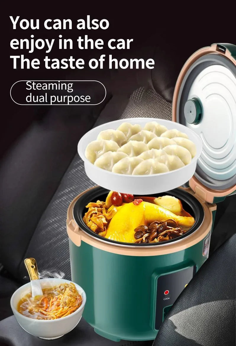 Green 24V portable food warmer with open lid, bowl of dumplings and inside meal