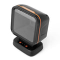 Hands-free desktop barcode scanner with orange trim, angled front display window