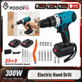 Podofo Multifunctional Cordless Impact Drill Rechargeable Electric Hammer Screwdriver With 25+3 Clutch 2 Speed Adjustable, Delay LED Work Light Forward Reverse Rotation Household DIY Power Tool For Multi Material Drilling