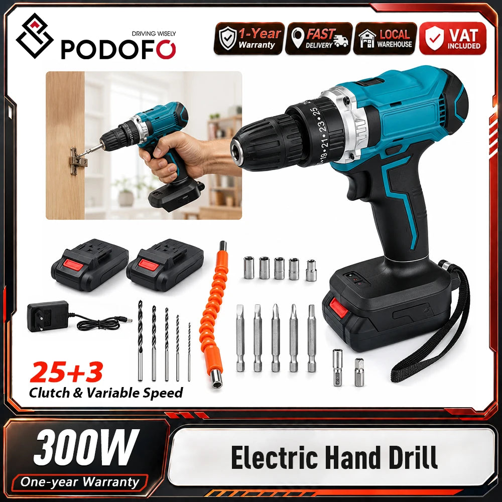 Podofo Multifunctional Cordless Impact Drill Rechargeable Electric Hammer Screwdriver With 25+3 Clutch 2 Speed Adjustable, Delay LED Work Light Forward Reverse Rotation Household DIY Power Tool For Multi Material Drilling