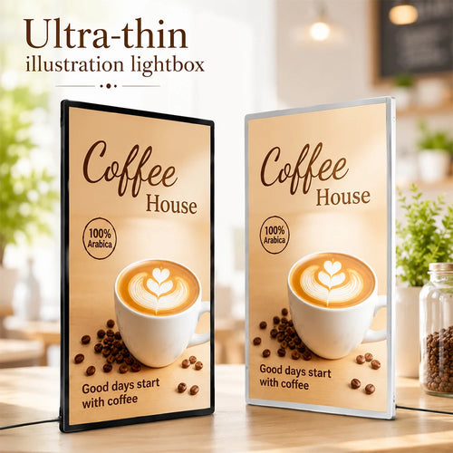Black and silver LED lightbox menu board with coffee poster and aluminum frame