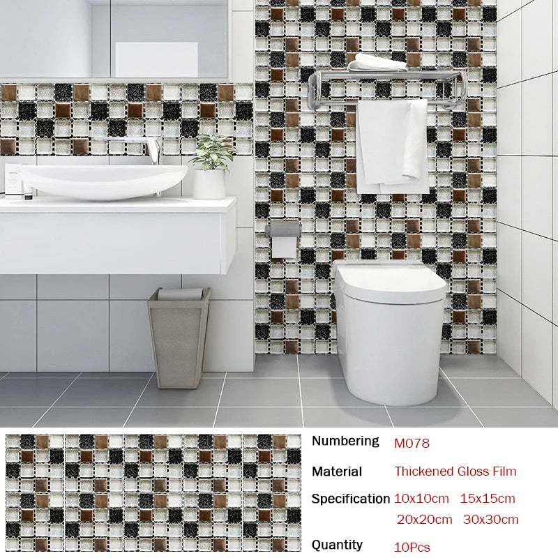 10pcs Flat Mosaic Style Tiles Sticker Kitchen Bathroom Waterproof & Oilproof Art Wall Sticker Peel & Stick Surface Glossy Film