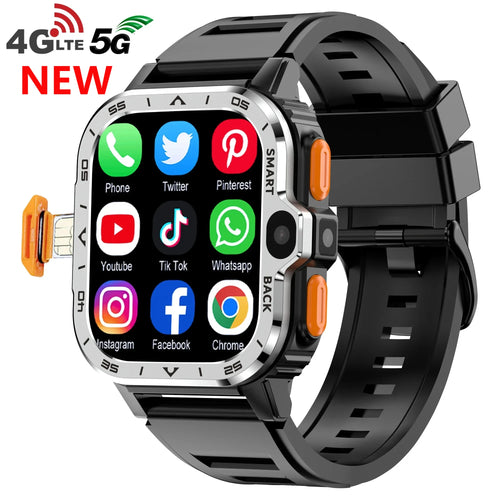 Men's silver touchscreen smartwatch with black strap and orange side buttons, app icon display