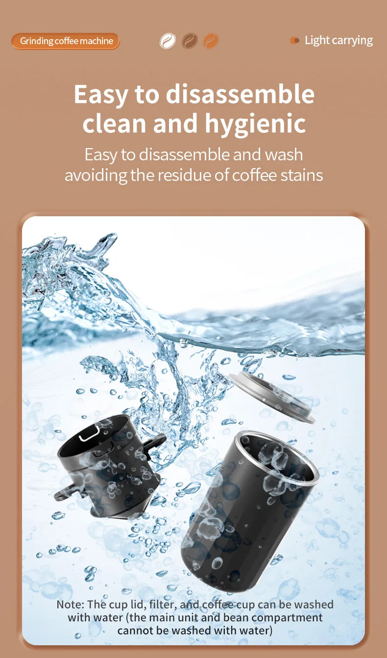 Portable black coffee grinder components submerged in water to show easy cleaning and disassembly features.